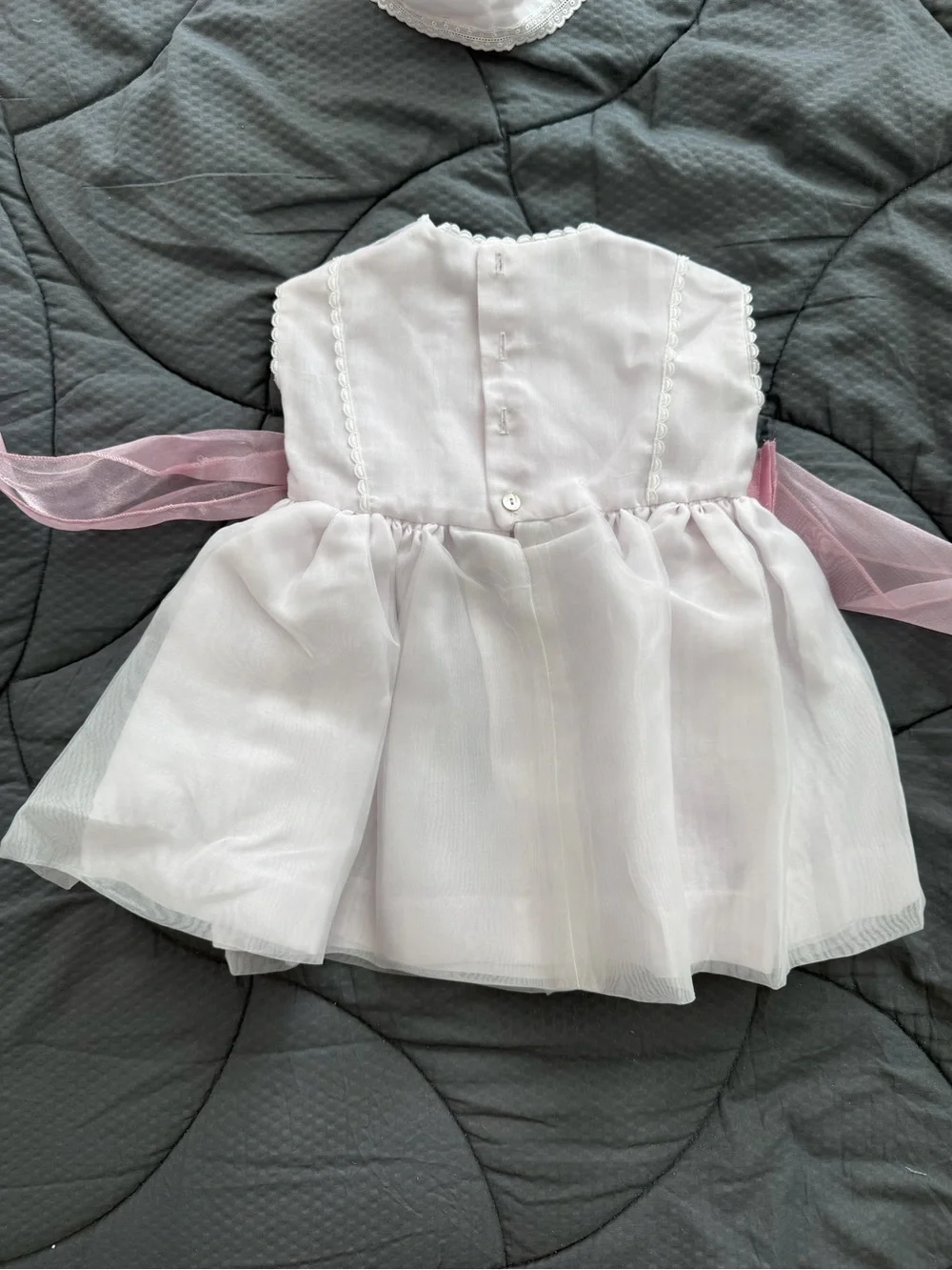 White & Pink Baby girl Dress with Pink Sash and Headpiece - handmade - NEW